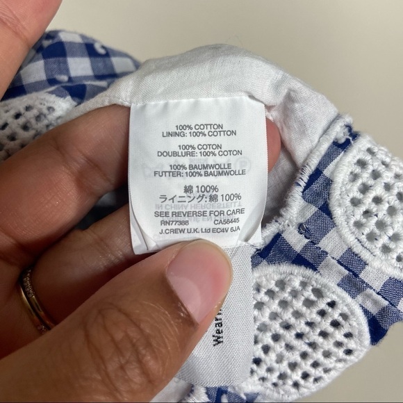 J Crew Blue White Gingham Plaid Ruffle Eyelet Tie Shoulder Top Blouse Size 12 - Picture 7 of 10